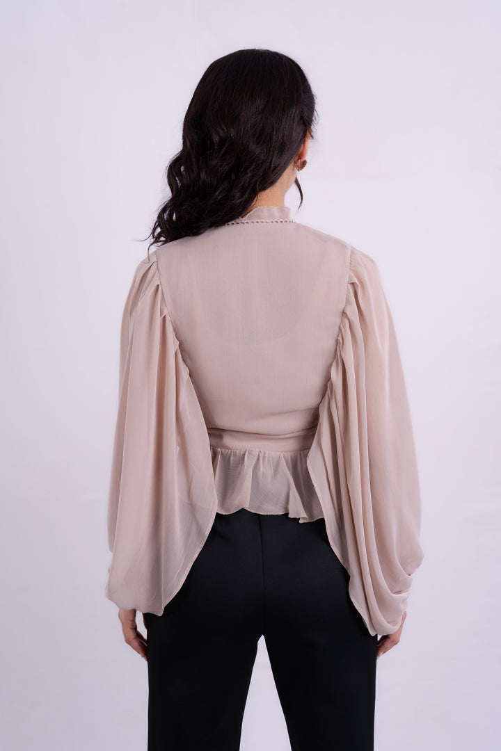 V-NECK BLOUSE WITH RUFFLED WITH LONG PUFF SLEEVES