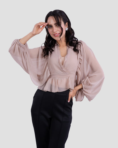 FLOWY V-NECK BLOUSE WITH RUFFLE TRIM
