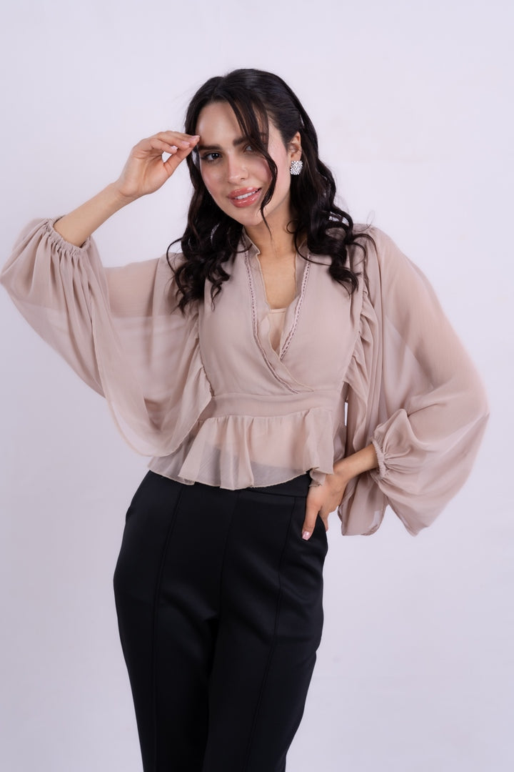 V-NECK BLOUSE WITH RUFFLED WITH LONG PUFF SLEEVES