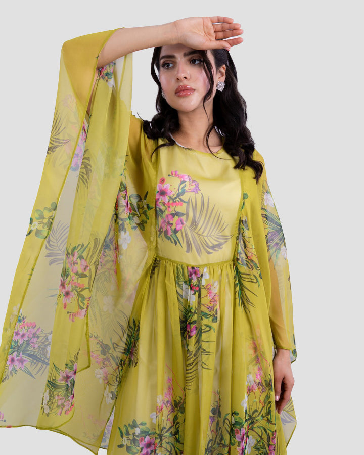 FLORAL PRINTED MAXI DRESS WITH SHEER CAPE