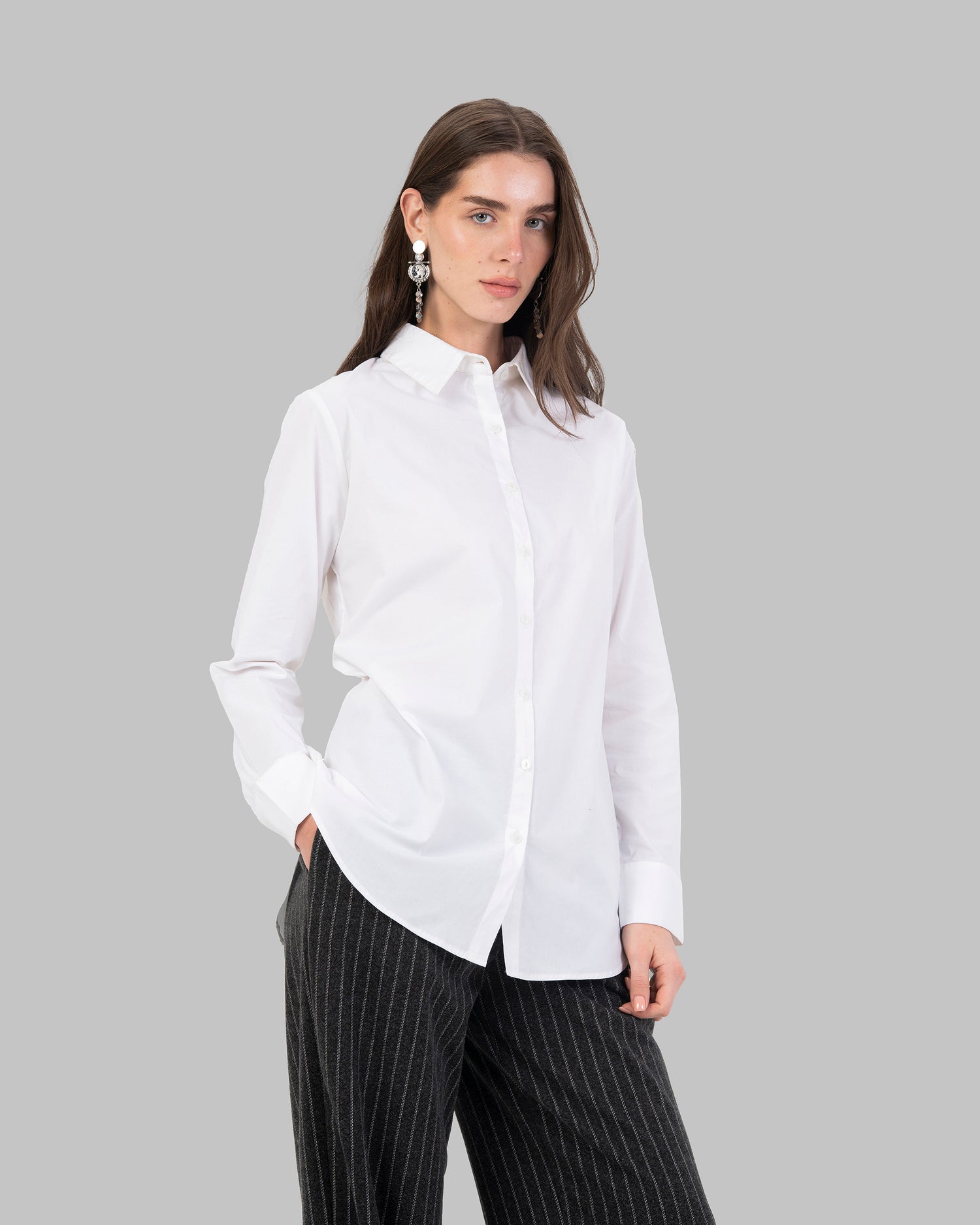 High-Waist Pinstripe Straight  Trousers with Front Pleats.