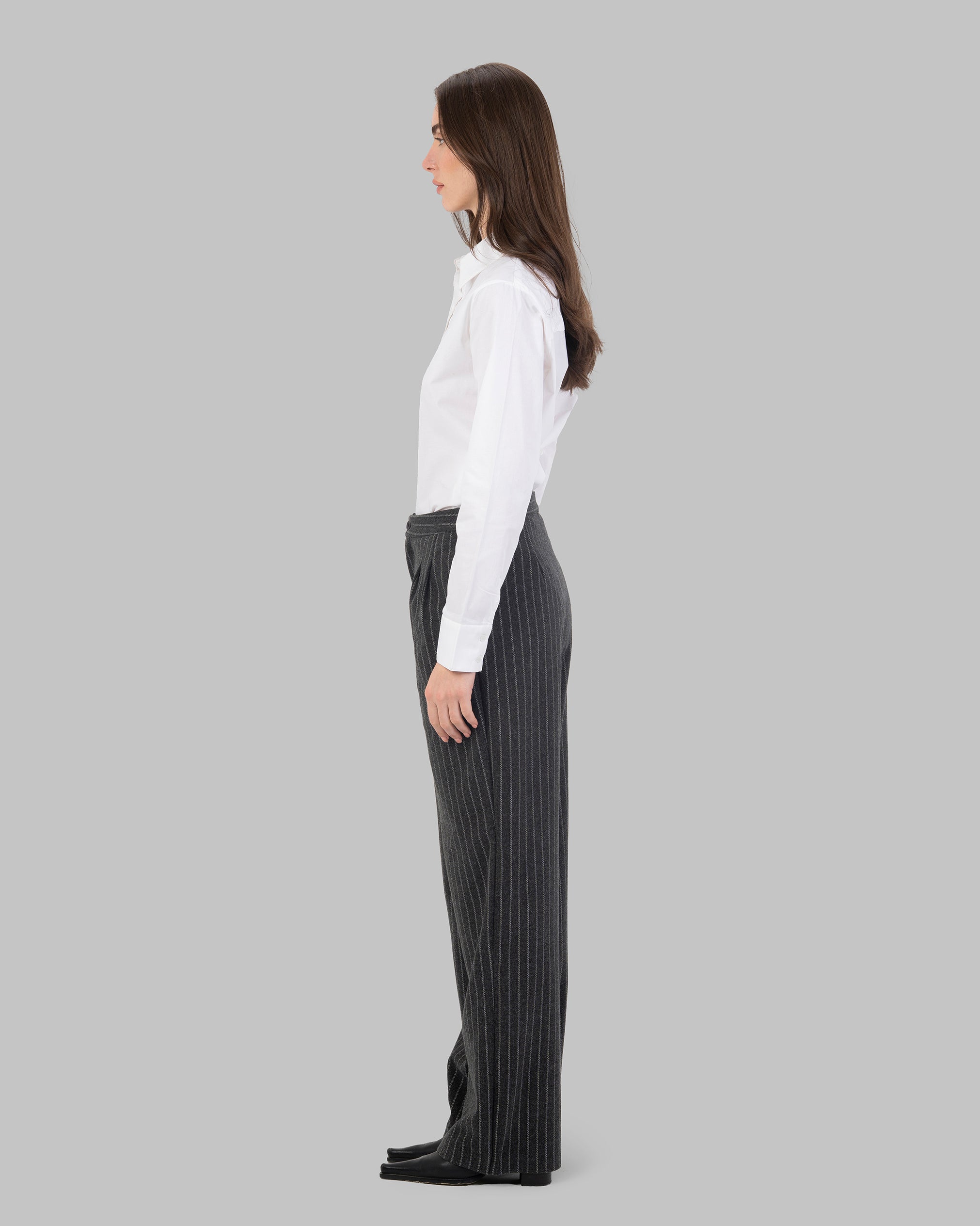High-Waist Pinstripe Straight  Trousers with Front Pleats.