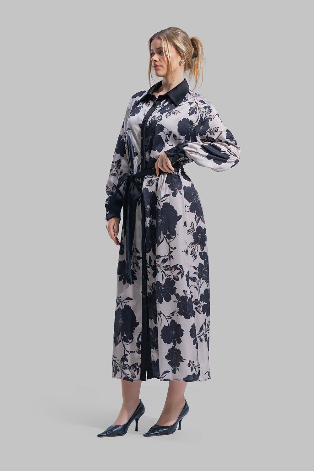 فستان قميص من الساتان المطبوع