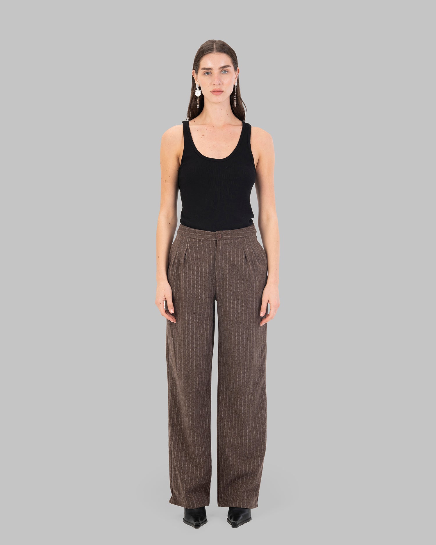 High-Waist Pinstripe Straight  Trousers with Front Pleats.