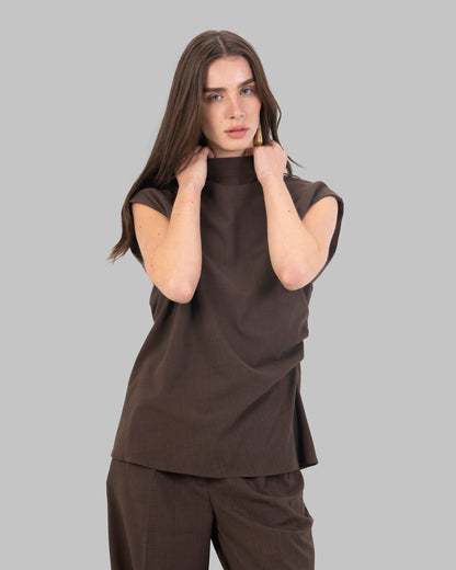 checked pattern Sleeveless Mock Neck Top