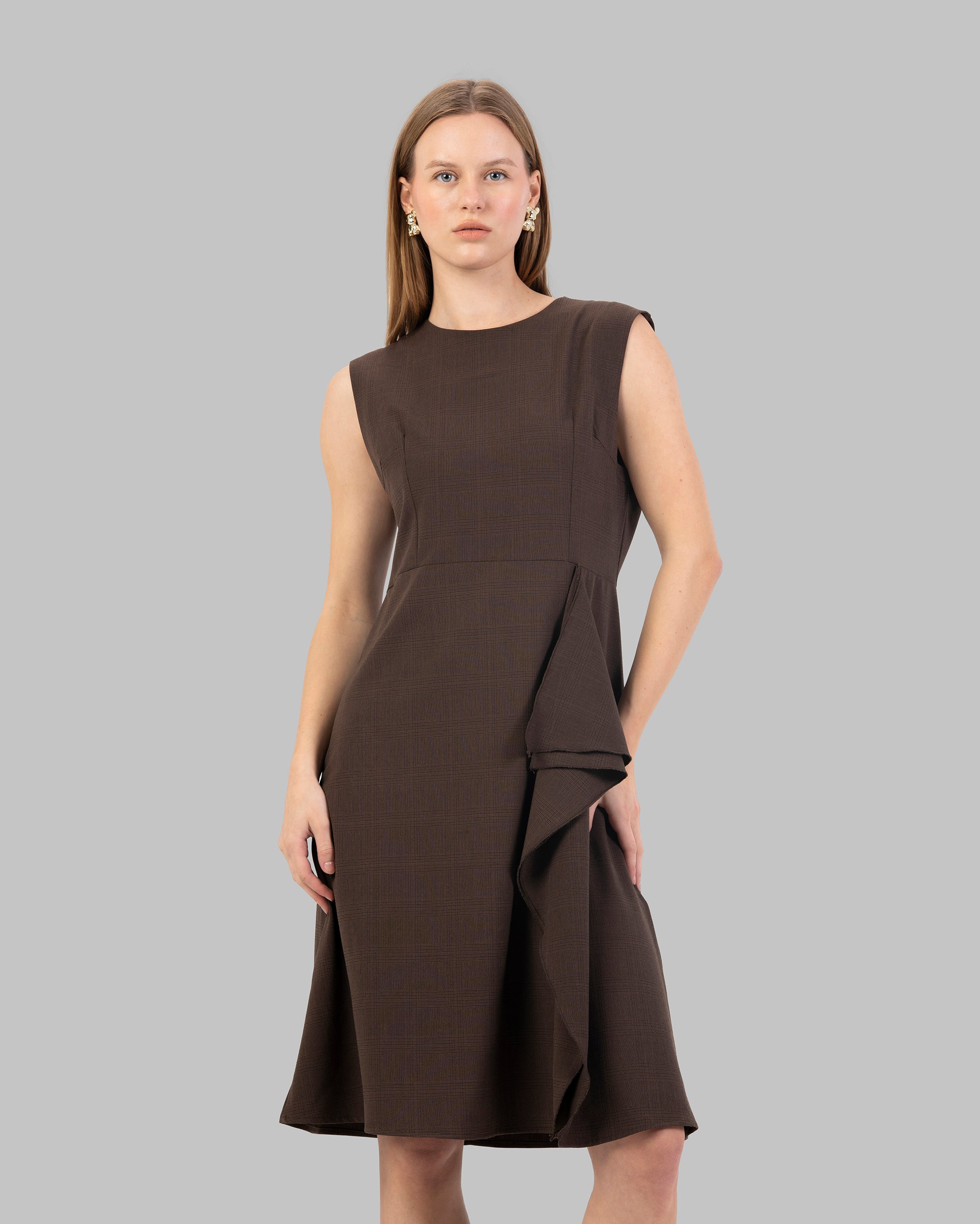 checked pattern Tailored Sleeveless Dress with Asymmetric Draped