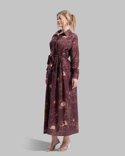 Floral print midi shirt dress with a matching tie belt at the waist.