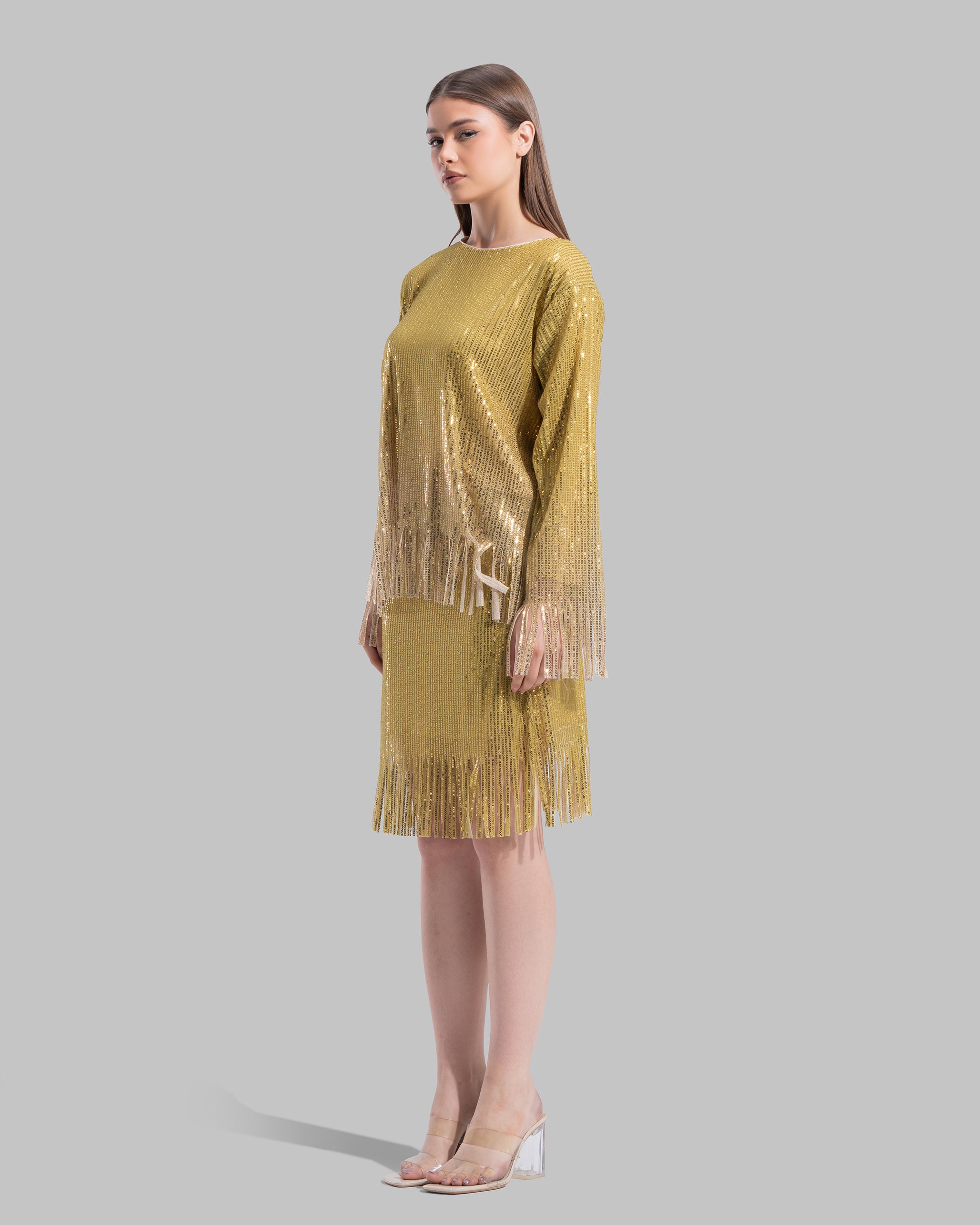 بلوزة برقبة دائرية وأكمام طويلة.