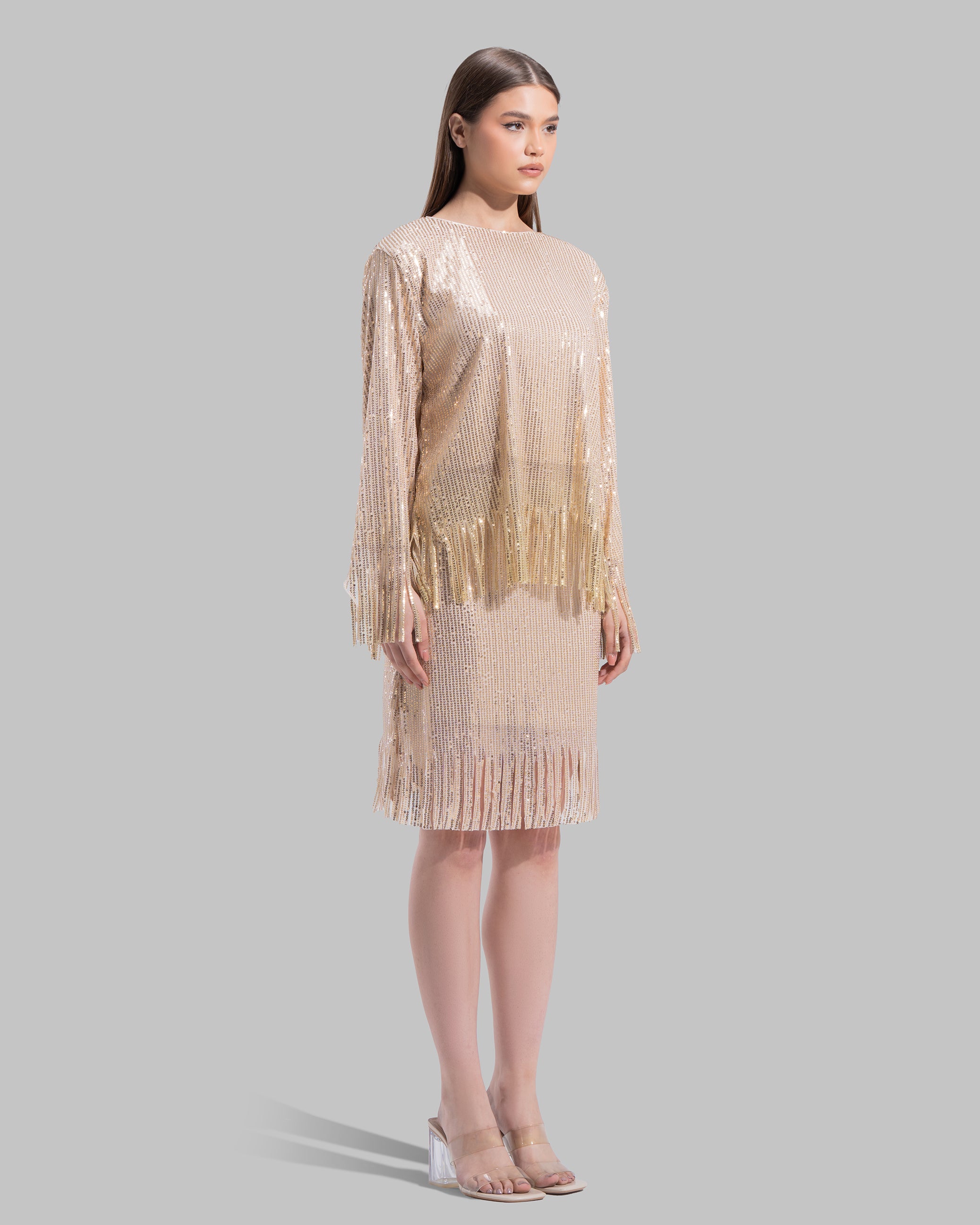 بلوزة برقبة دائرية وأكمام طويلة.