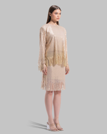 بلوزة برقبة دائرية وأكمام طويلة.