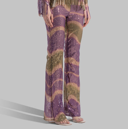 High-waisted Flared Leg trousers with an elastic waistband.