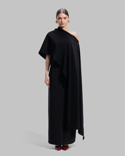 Draped asymmetrical neckline satin maxi dress with a fluid oversized silhouette.
