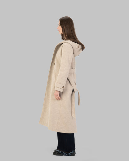 Long hooded coat in light beige with a belt waist