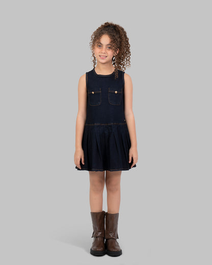 Denim Pleated Dress, Sleeveless mini dress in a dark wash denim.