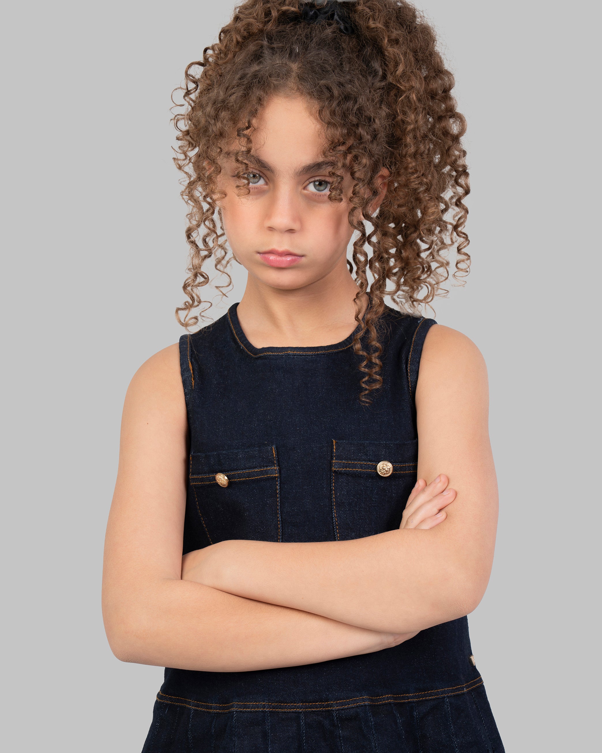 Denim Pleated Dress, Sleeveless mini dress in a dark wash denim.