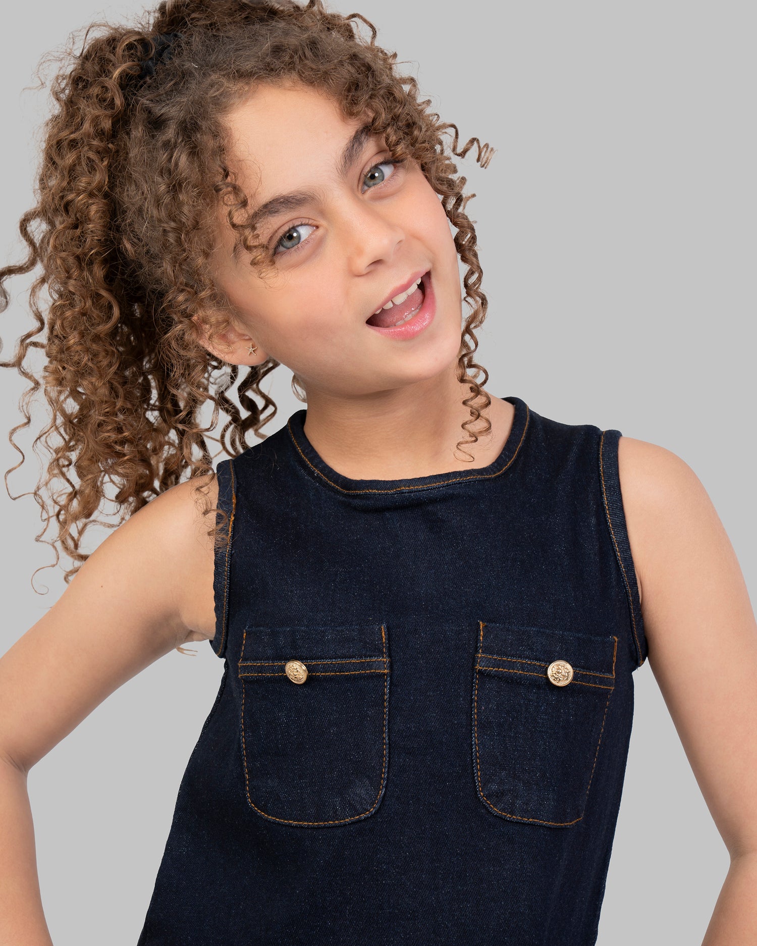 Denim Pleated Dress, Sleeveless mini dress in a dark wash denim.