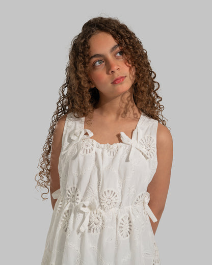 White eyelet midi dress with delicate bow details