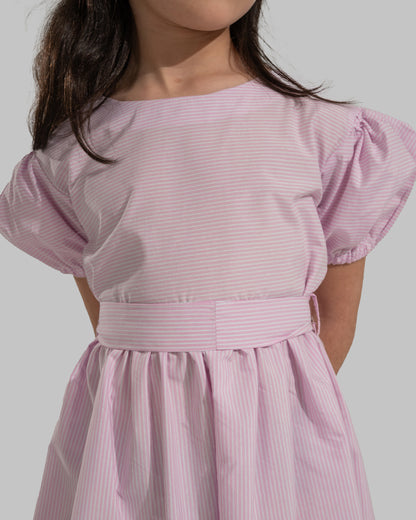 Striped puff-sleeve dress with a matching tie belt.