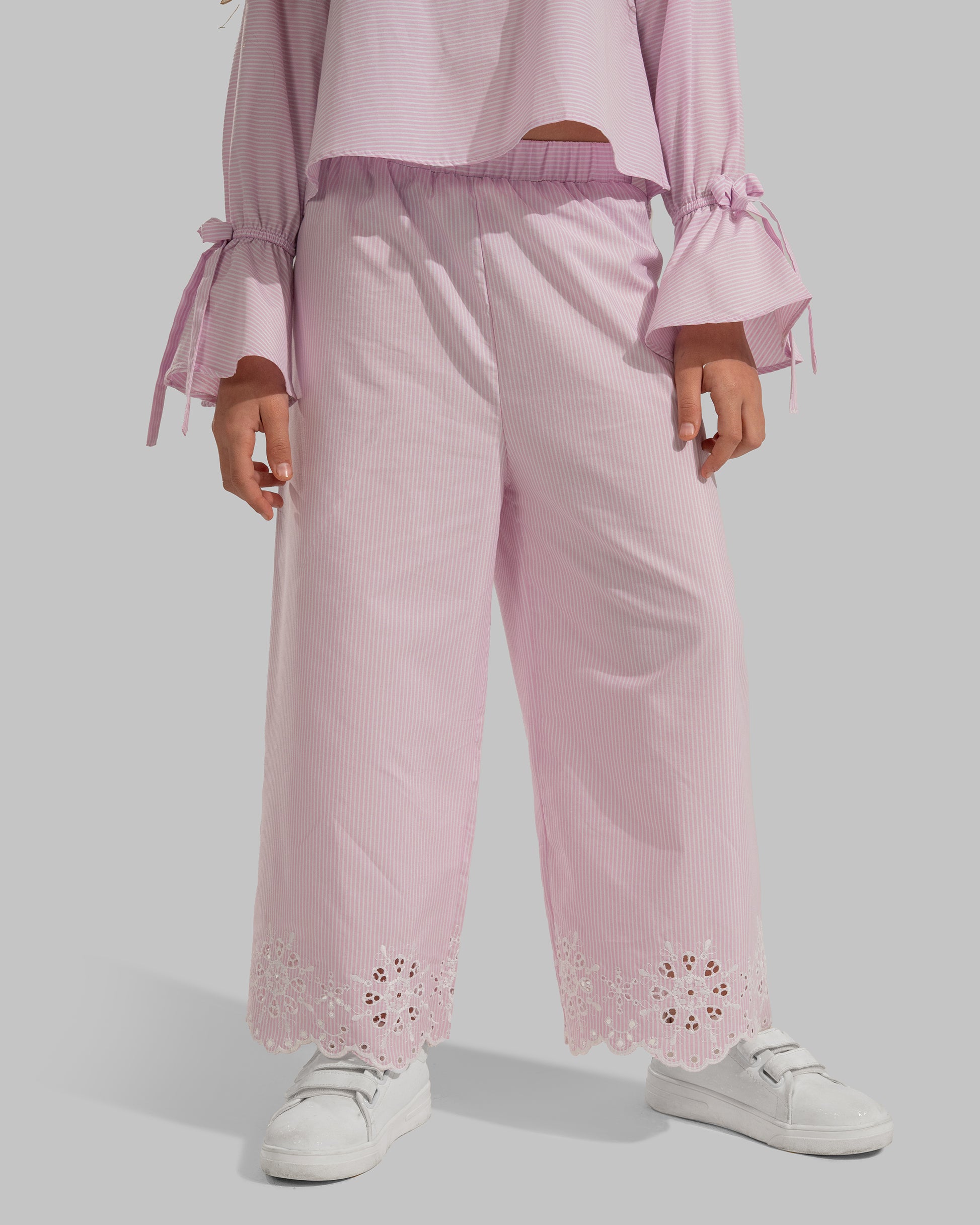 Striped straight-leg trousers with embroidered hems