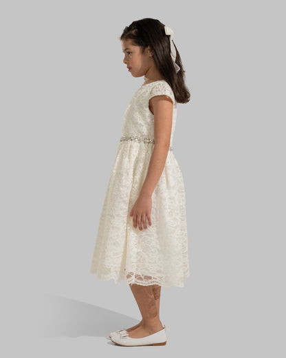 An elegant white floral lace dress featuring short capped sleeves