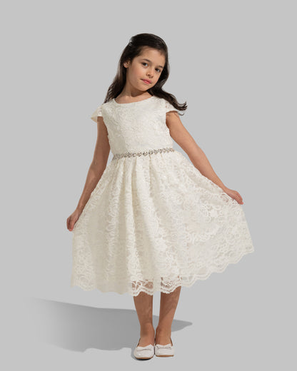An elegant white floral lace dress featuring short capped sleeves