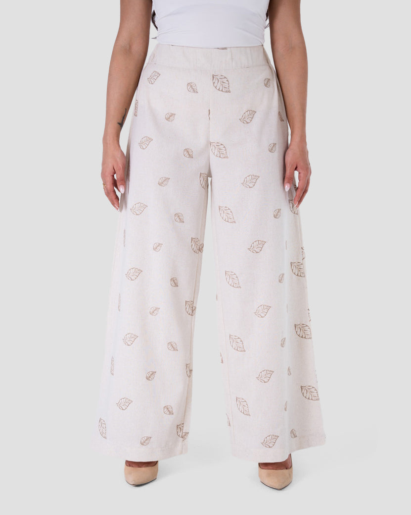 LINEN BLEND WIDE-LEG PRINT TROUSERS