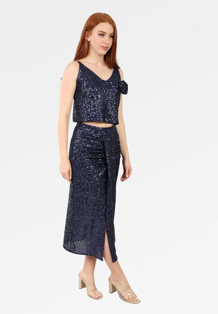SEQUIN MIDI SKIRT WITH FRONT SLIT