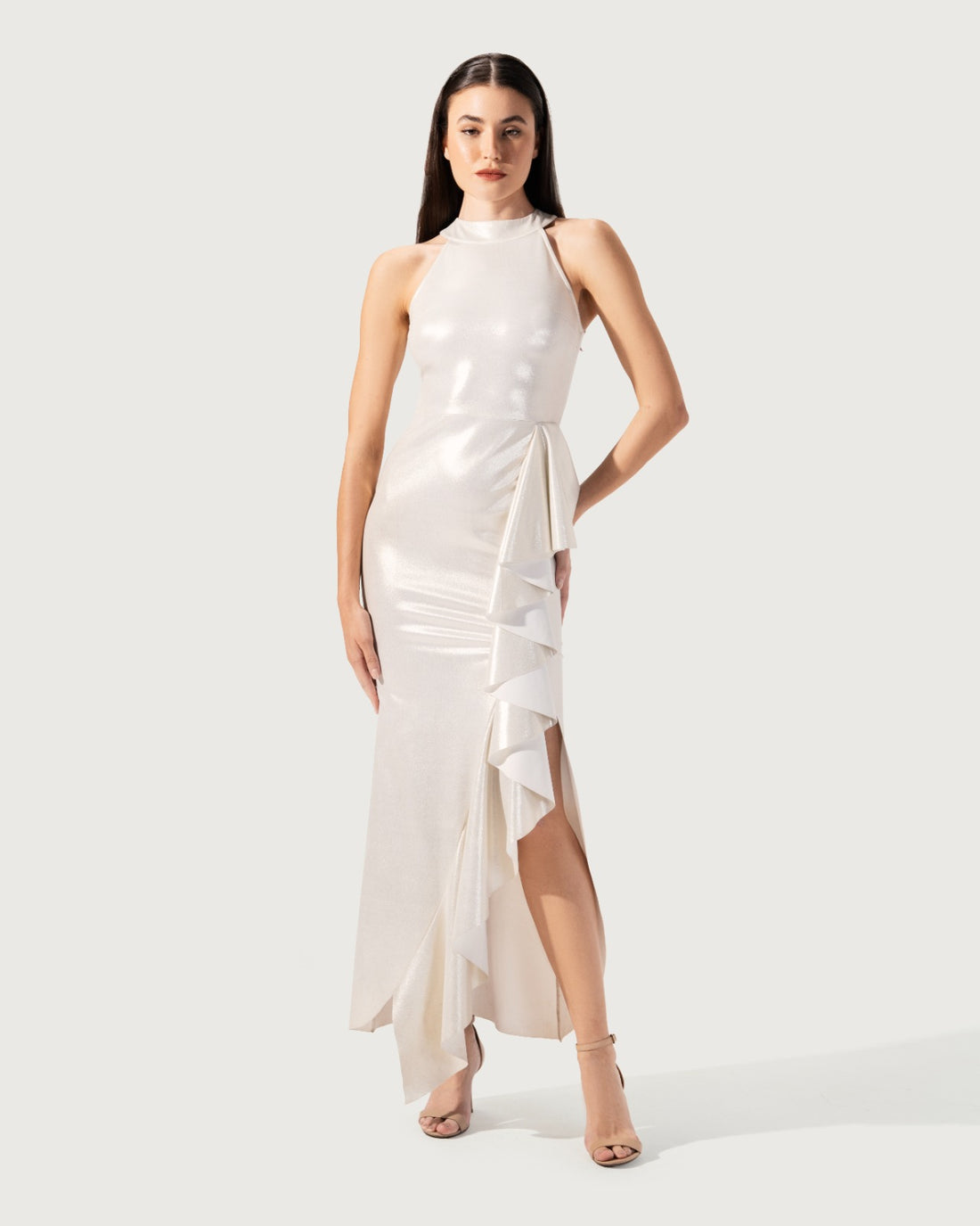 MIDI DRESS SILVER SLEEVELESS  ASYMMETRIC WITH RUFFELS