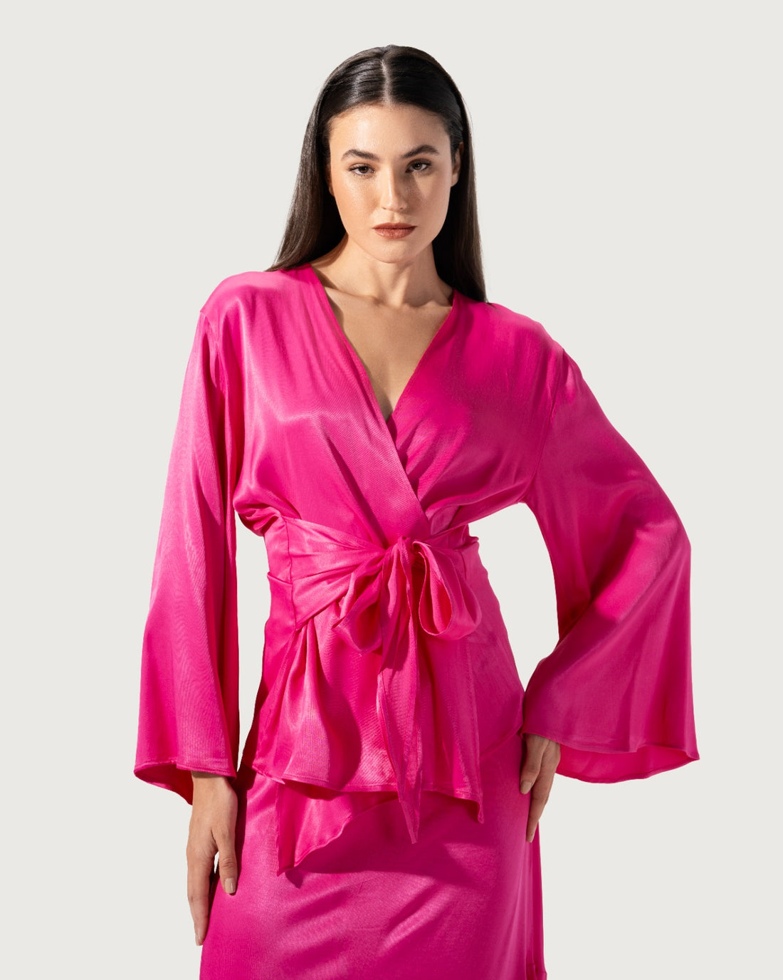 SATIN SOLID COLOR V-NECK TIE UP LONG SLEEVE