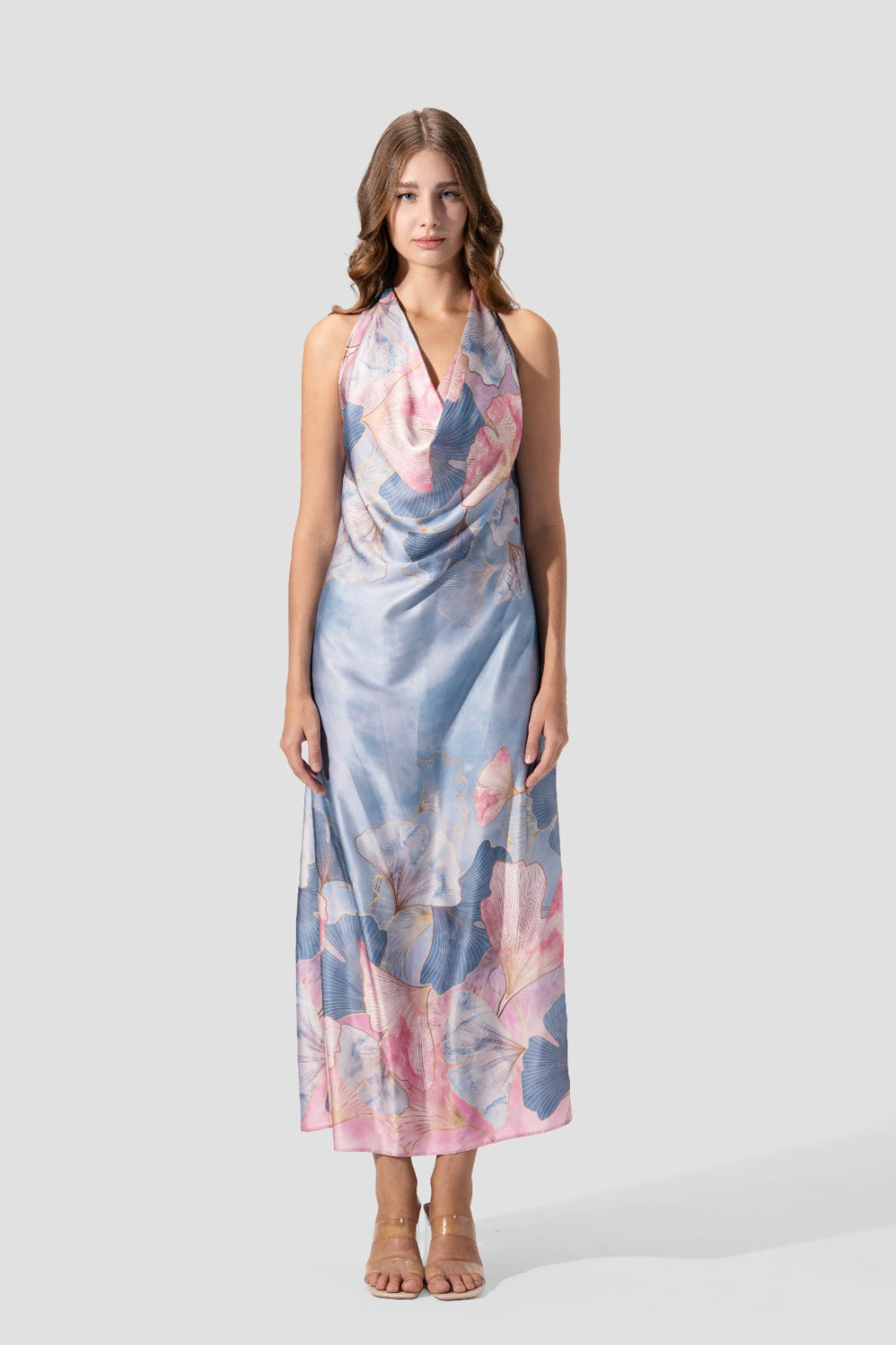 Satin maxi dress with a draped neckline