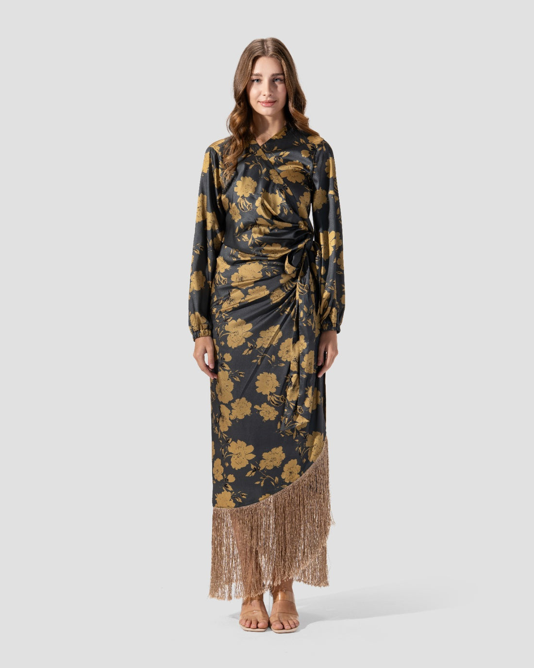 PRINTED WRAP SKIRT WITH FRINGED HEM