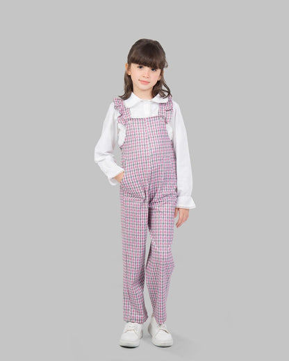 jumpsuit with houndstooth print adjustable shoulder straps and ruffle detailing.